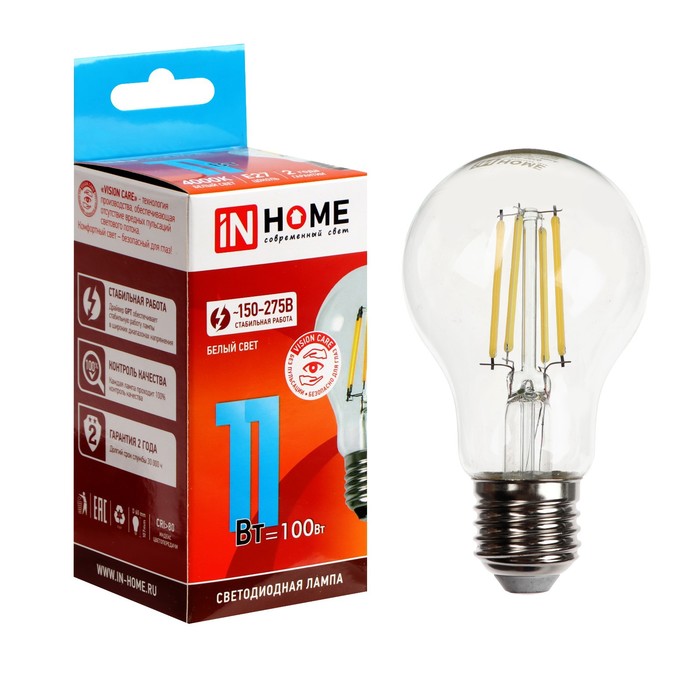 Лампа светодиодная IN HOME LED-A60-deco, 11 Вт, 230 В, Е27, 4000 К, 1160 Лм, прозрачная