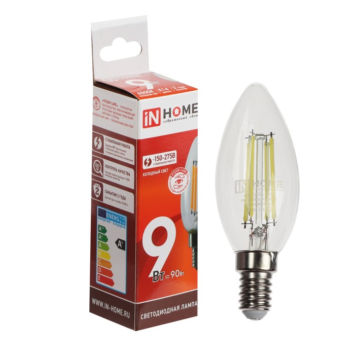 Лампа светодиодная IN HOME LED-СВЕЧА-deco, 9 Вт, 230 В, Е14, 6500 К, 1040 Лм, прозрачная