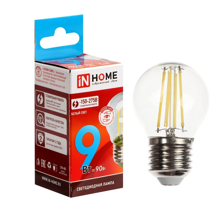 Лампа светодиодная IN HOME LED-ШАР-deco, 9 Вт, 230 В, Е27, 4000 К, 1040 Лм, прозрачная