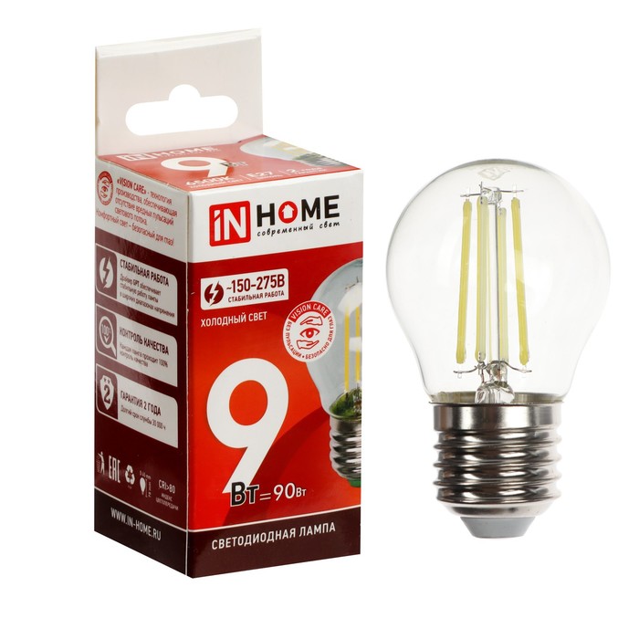 Лампа светодиодная IN HOME LED-ШАР-deco, 9 Вт, 230 В, Е27, 6500 К, 1040 Лм, прозрачная - фото 1907661730