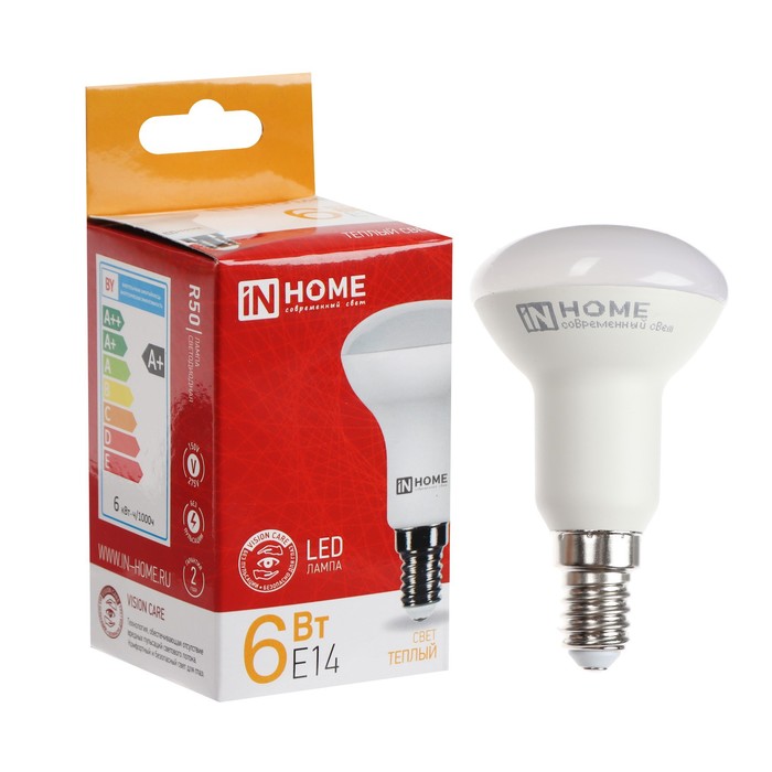 Лампа светодиодная IN HOME LED-R50-VC, 6 Вт, 230 В, Е14, 3000 К, 530 Лм - фото 1907661776