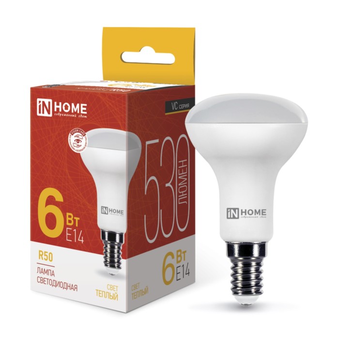 Лампа светодиодная IN HOME LED-R50-VC, 6 Вт, 230 В, Е14, 3000 К, 530 Лм - фото 1907661775