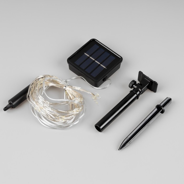 Гирлянда «Конский хвост» 10 нитей по 1 м, серебристая нить, 100 LED, свечение белое, 2 режима, солнечная батарея - фото 1884124663