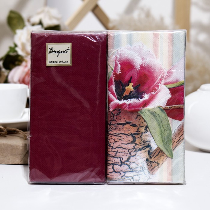 Салфетки бумажные Bouquet de Luxe "Натюрморт с тюльпанами"бордовые, 2 слоя,33x33, 20 листов - Фото 1
