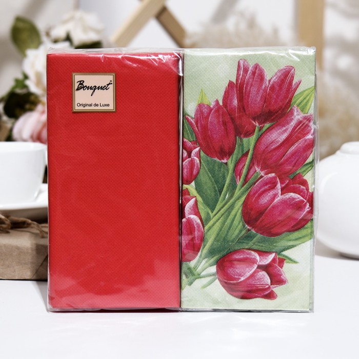 Салфетки бумажные Bouquet de Luxe &quot;Тюльпаны на зеленом&quot;с красным, 2 слоя,33x33, 20 листов