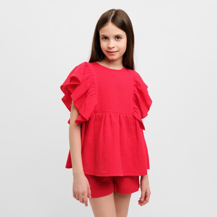 Комплект для девочки (блузка, шорты) MINAKU цвет красный, рост 152 - фото 1926636351
