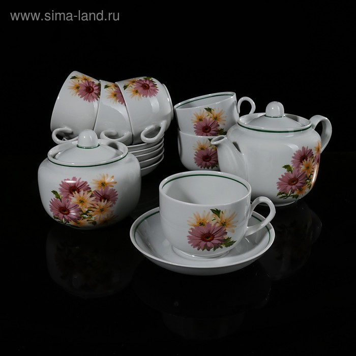 Сервиз чайный "Розовые герберы", 14 предметов: 6 чашек, 6 блюдец, чайник, сахарница - Фото 1
