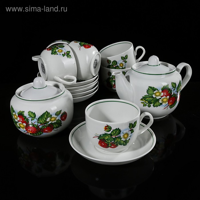 Сервиз чайный "Цветущая земляника", 14 предметов: 6 чашек, 6 блюдец, чайник, сахарница - Фото 1