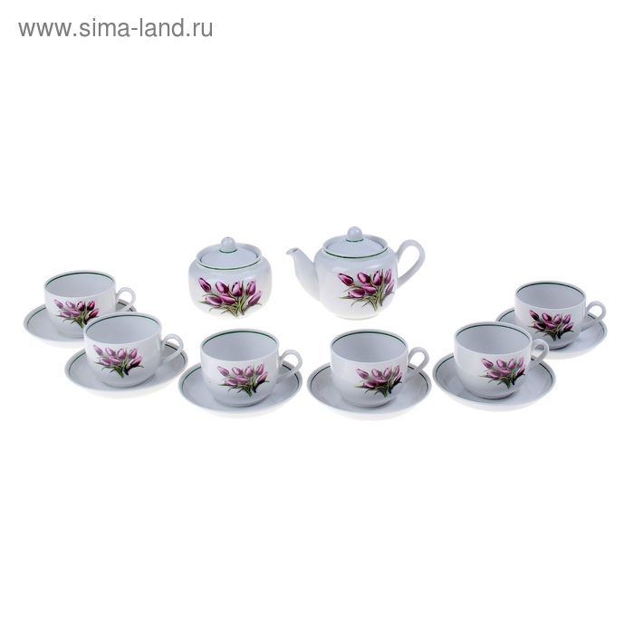 Сервиз чайный "Тюльпаны", 14 предметов: 6 чашек, 6 блюдец, чайник, сахарница - Фото 1