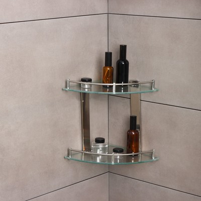 Полка для ванной комнаты 2х-ярусная угловая Штольц Stölz, 24×24×28 см, нержавеющая сталь, стекло