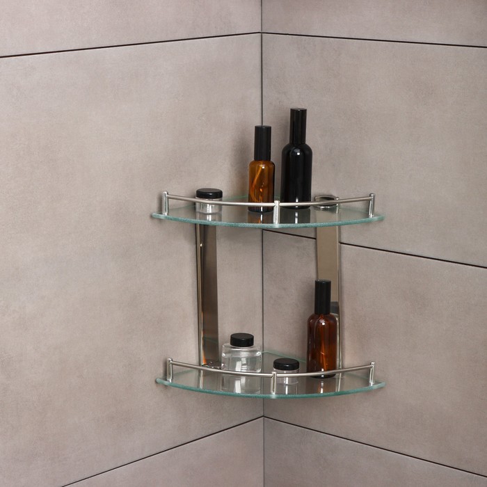 Полка для ванной комнаты 2х-ярусная угловая Штольц Stölz, 24×24×28 см, нержавеющая сталь, стекло - Фото 1