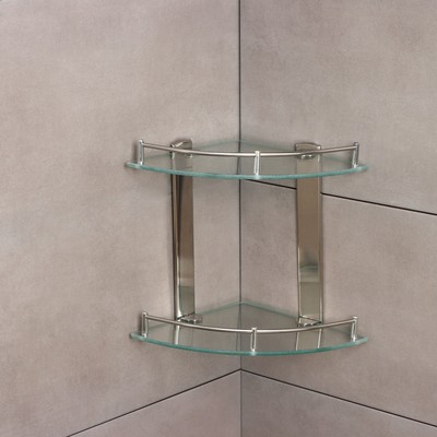 Полка для ванной комнаты 2х-ярусная угловая Штольц Stölz, 24×24×28 см, нержавеющая сталь, стекло