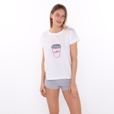 Комплект домашний женский "COFFEE" (футболка/шорты), цвет белый/серый, размер 44