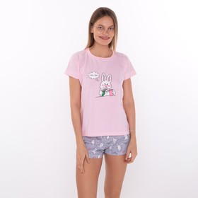 Комплект домашний женский "Зайчики" (футболка/шорты), цвет розовый/серый, размер 46