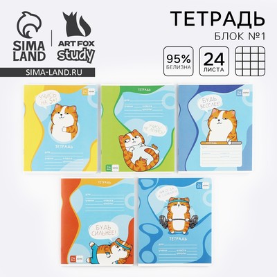 Тетрадь в клетку, 24 листа, А5, на скрепке, блок №1 «Котэ» МИКС