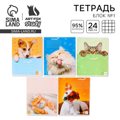 Тетрадь в клетку, 24 листа, А5, на скрепке, блок №1 «Милые питомцы» МИКС