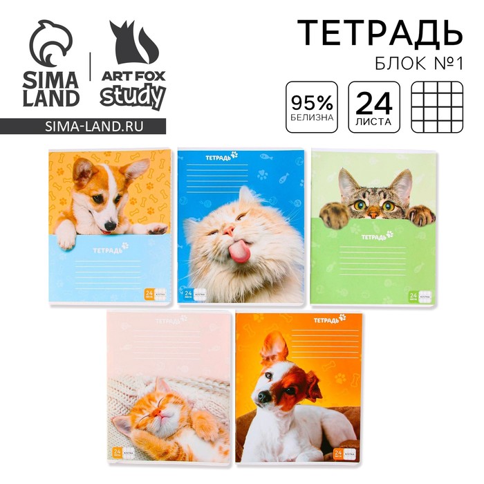 Тетрадь в клетку, 24 листа, А5, на скрепке, блок №1 «Милые питомцы» МИКС