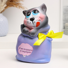 Копилка "Кот в мешке - Я не подарок, я сюрприз" серый с фиолетовым, 22см - фото 1465278