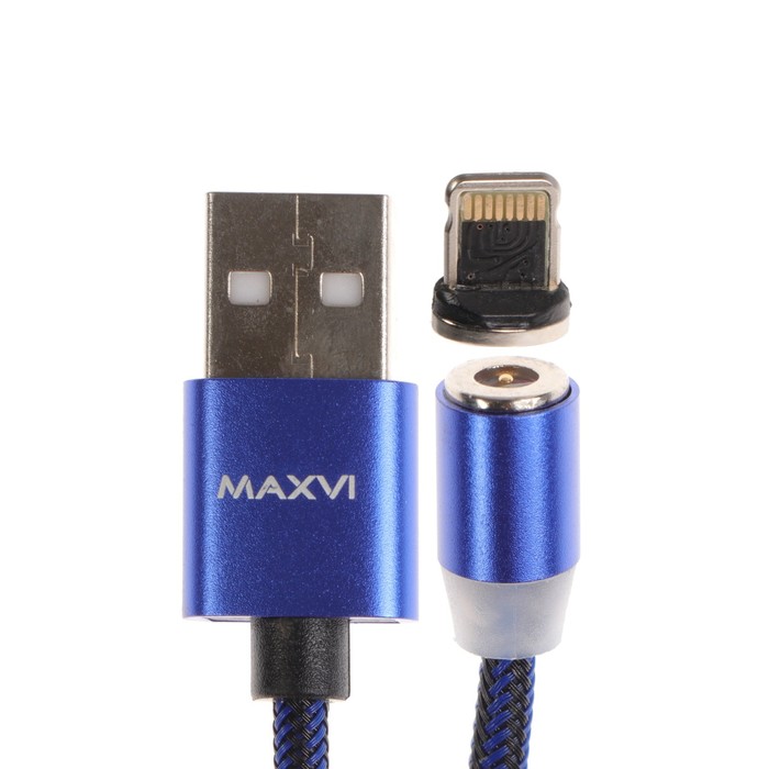 Кабель Maxvi MCm-01L, Lightning - USB, 2 А, 1 м, магнитный, нейлон, подсветка, синий - фото 51461320