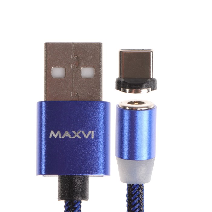 Кабель Maxvi MCm-01T, Type-C - USB, 2 А, 1 м, магнитный, нейлон, подсветка, синий - фото 51461340