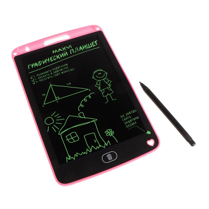 Графический планшет для рисования и заметок LCD Maxvi MGT-01, 8.5”,угол 160°,CR2016, розовый - Фото 1