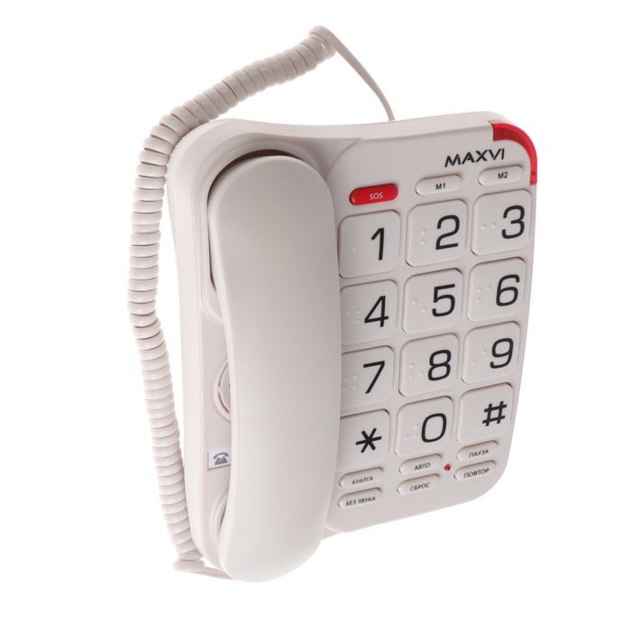 Телефон проводной Maxvi CB-01, SOS, повтор номера, быстрый набор, телефонная книга, белый - Фото 1