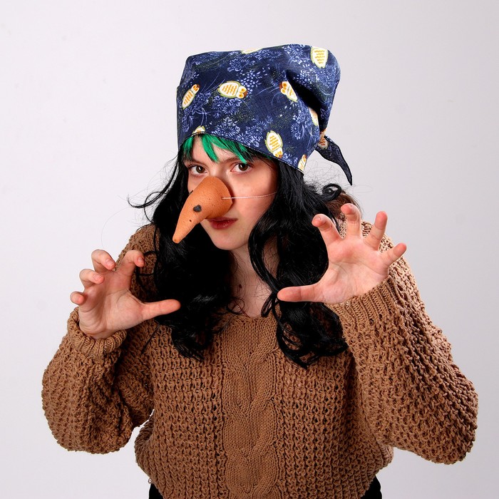 Карнавальный набор «Баба-Яга»: косынка с совами синяя, парик, нос - Фото 1