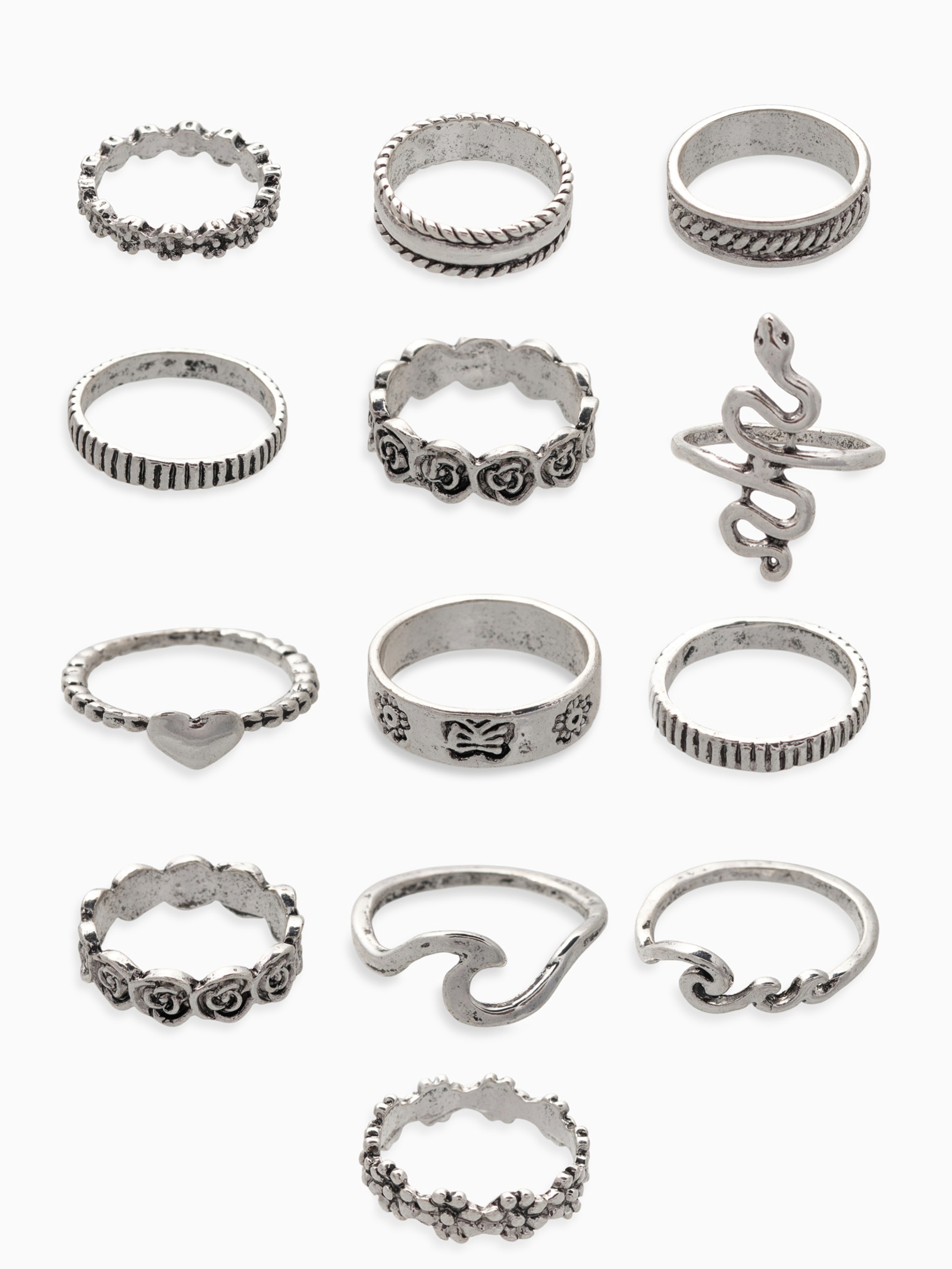 Кольца набор 13 штук «Ассорти» цветы, змея, размер МИКС, цвет чернёное серебро