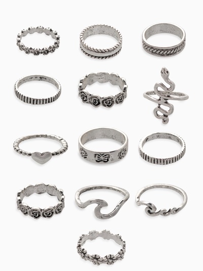 Кольца набор 13 штук «Ассорти» цветы, змея, размер МИКС, цвет чернёное серебро
