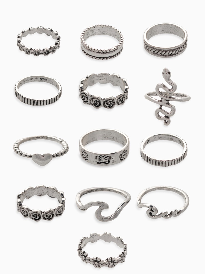 Кольца набор 13 штук «Ассорти» цветы, змея, размер МИКС, цвет чернёное серебро - Фото 1