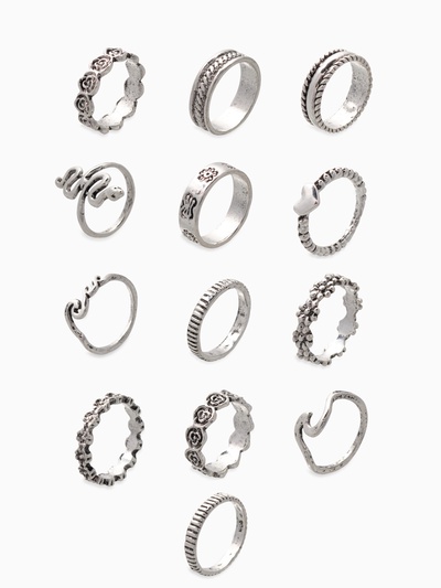 Кольца набор 13 штук «Ассорти» цветы, змея, размер МИКС, цвет чернёное серебро