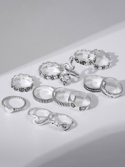 Кольца набор 13 штук «Ассорти» цветы, змея, размер МИКС, цвет чернёное серебро