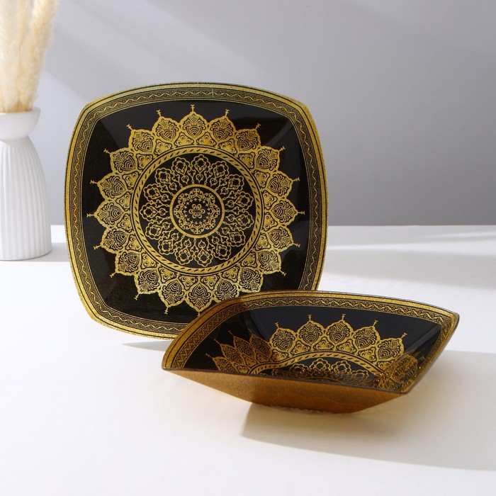 Набор тарелок «Мехенди», 2 предмета: 29*25 см и 33*28 см, цвет чёрный с золотым, стекло - Фото 1
