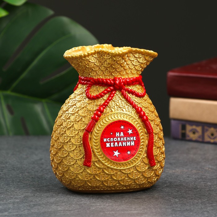 Копилка "Мешок денег, на исполнение желаний" золотая, красная, 15 см - Фото 1