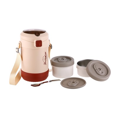 Термос для еды, 1.6 л, до 24 ч, 23×15 см, с широким горлом, 2 контейнера, нержавеющая сталь, бежевый, красный
