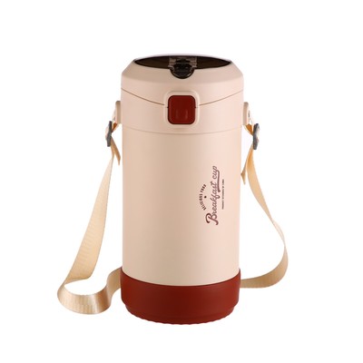 Термос для еды, 1.2 л, 27×15 см, 3 контейнера, складная ложка, нержавеющая сталь, бежевый, красный