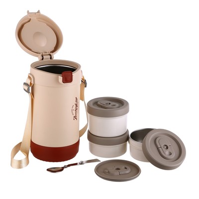 Термос для еды, 1.2 л, 27×15 см, 3 контейнера, складная ложка, нержавеющая сталь, бежевый, красный