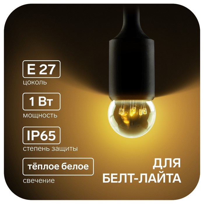Лампа светодиодная, 6 LED, G45, Е27, 1 Вт, для белт-лайта, набор 10 шт., свечение тёплое белое - Фото 1