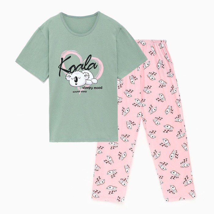 Комплект женский домашний (футболка/брюки) "Koala", цвет зелёный/розовый, размер 60 - Фото 1