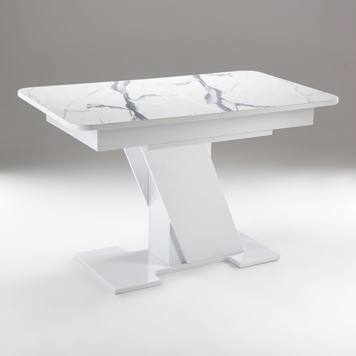 Стол кухонный на одной ножке раздвижной Олимп, 124(154)х75х76, Белый гл/Белый мрамор пластик - Фото 1