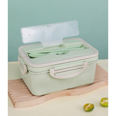 Ланч-бокс в школу TAKE IT EASY, 1.5 л, 3 секции, с приборами, 20×13×7 см, пшеничная солома, зеленый