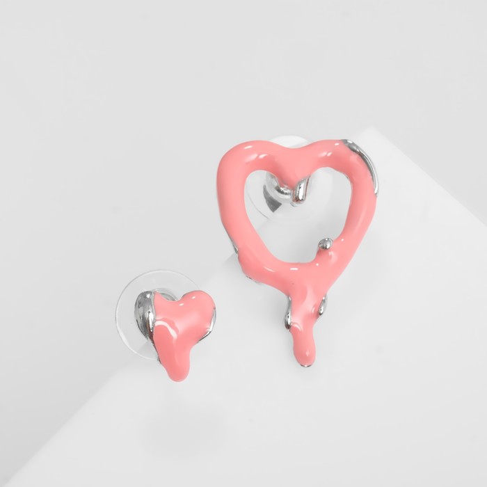 Серьги эмаль «Таяние» сердечки, цвет розовый в серебре - Фото 1