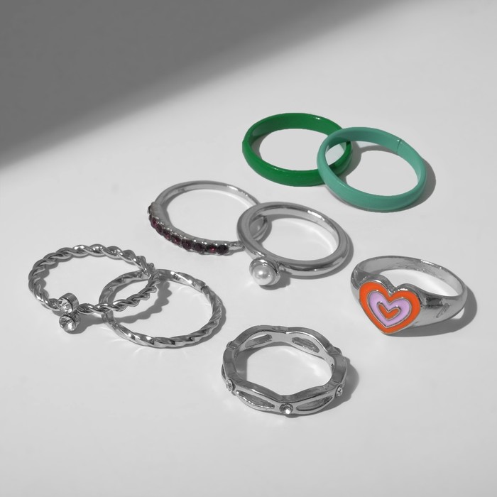 Кольцо набор 8 штук «Мечта» сердце, цветной с серебром, размер МИКС