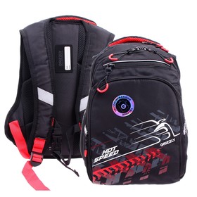 Рюкзак школьный, 38 х 26 х 20 см, Grizzly 350, эргономичная спинка, отделение для ноутбука, чёрный/красный RB-350-3_1