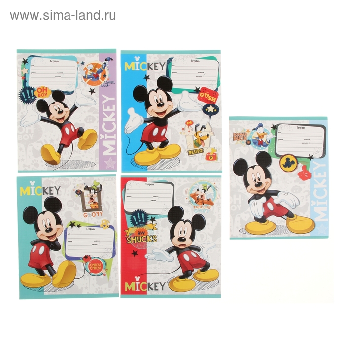 Тетрадь 12 листов клетка Disney "Микки Маус-18", картонная обложка, лён, 5 видов МИКС - Фото 1