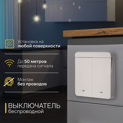 Выключатель беспроводной VVL-0011, 2 клавиши, радиус до 50 м, 10 А, 220 В, белый
