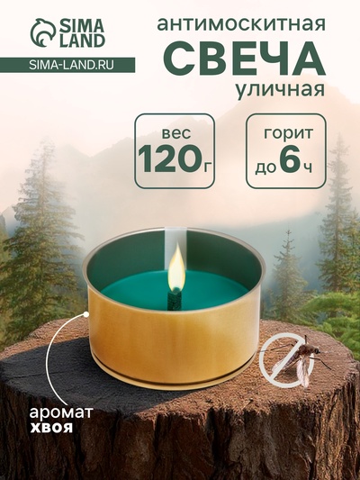 Ароматическая свеча уличная антимоскитная, 10×4.5 см, 120 г, 6 ч, хвоя, зелёный