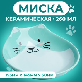 Миска керамическая "Голова кота 3" 260 мл  15,5 x 14,5 x 5 cм, зелёная 9214856