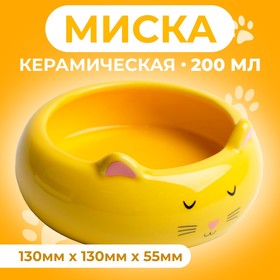 Миска керамическая "Кошка-лепёшка" 200 мл, 13 x 5,5 cм, жёлтая 9214859
