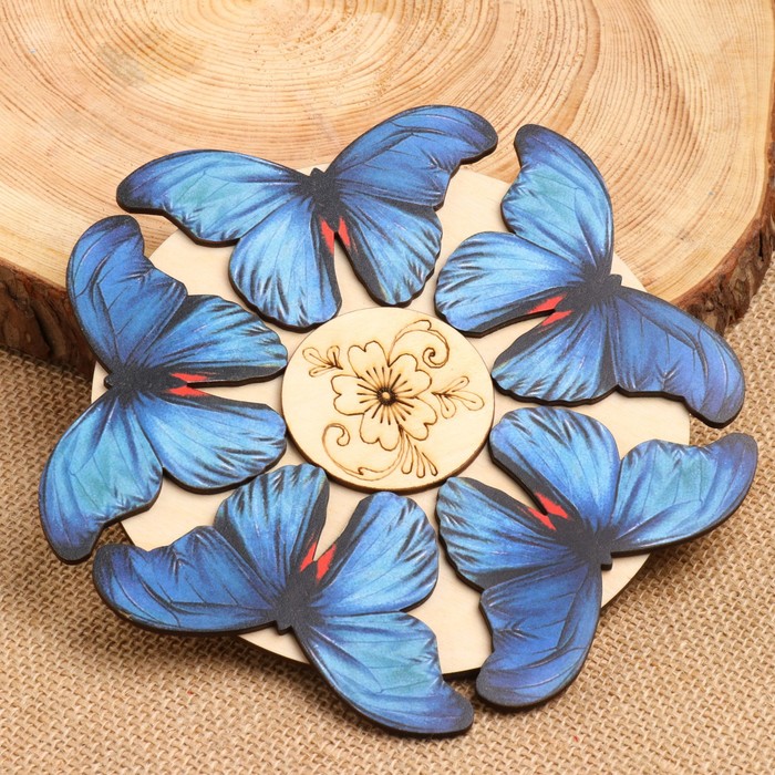 Подставка под горячее "Синяя бабочка", 20х20 см, микс дерева - фото 1910616196
